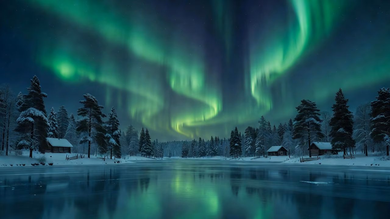 Aurora borealis over a frozen Finnish lake and pine forest