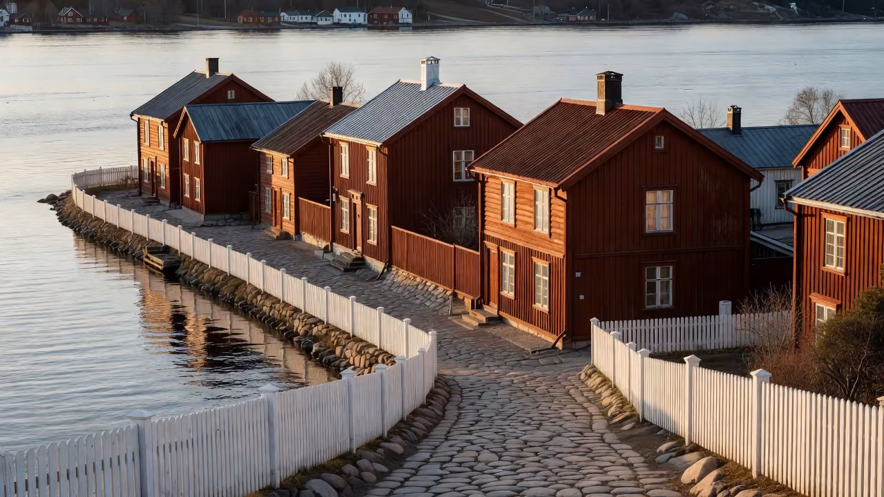 Porvoo old town with its historic red wooden houses along the riverfront
