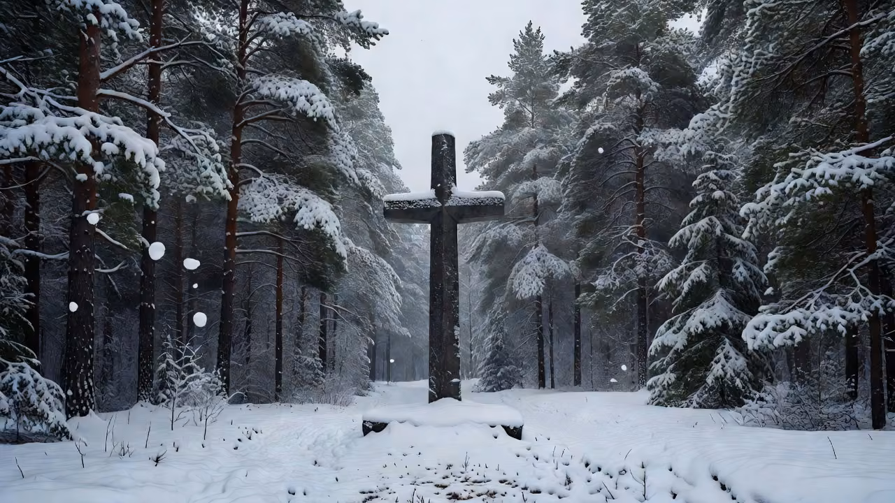 A solemn memorial cross in a snowy Finnish forest clearing